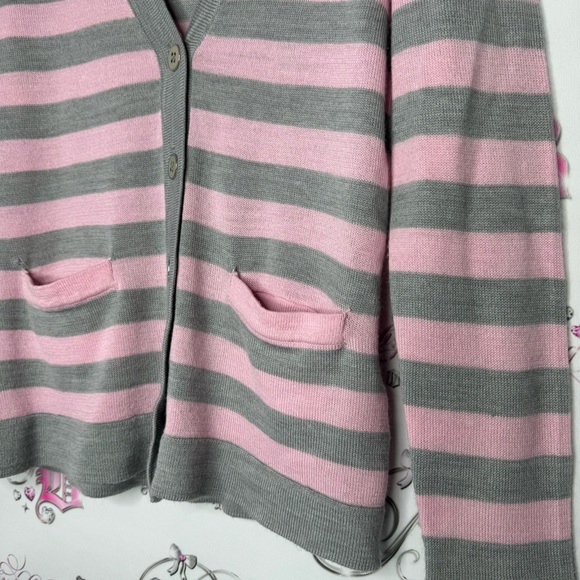 Haggar cardigan striped candy pink grey button up pockets soft sweater stripes - Picture 3 of 8